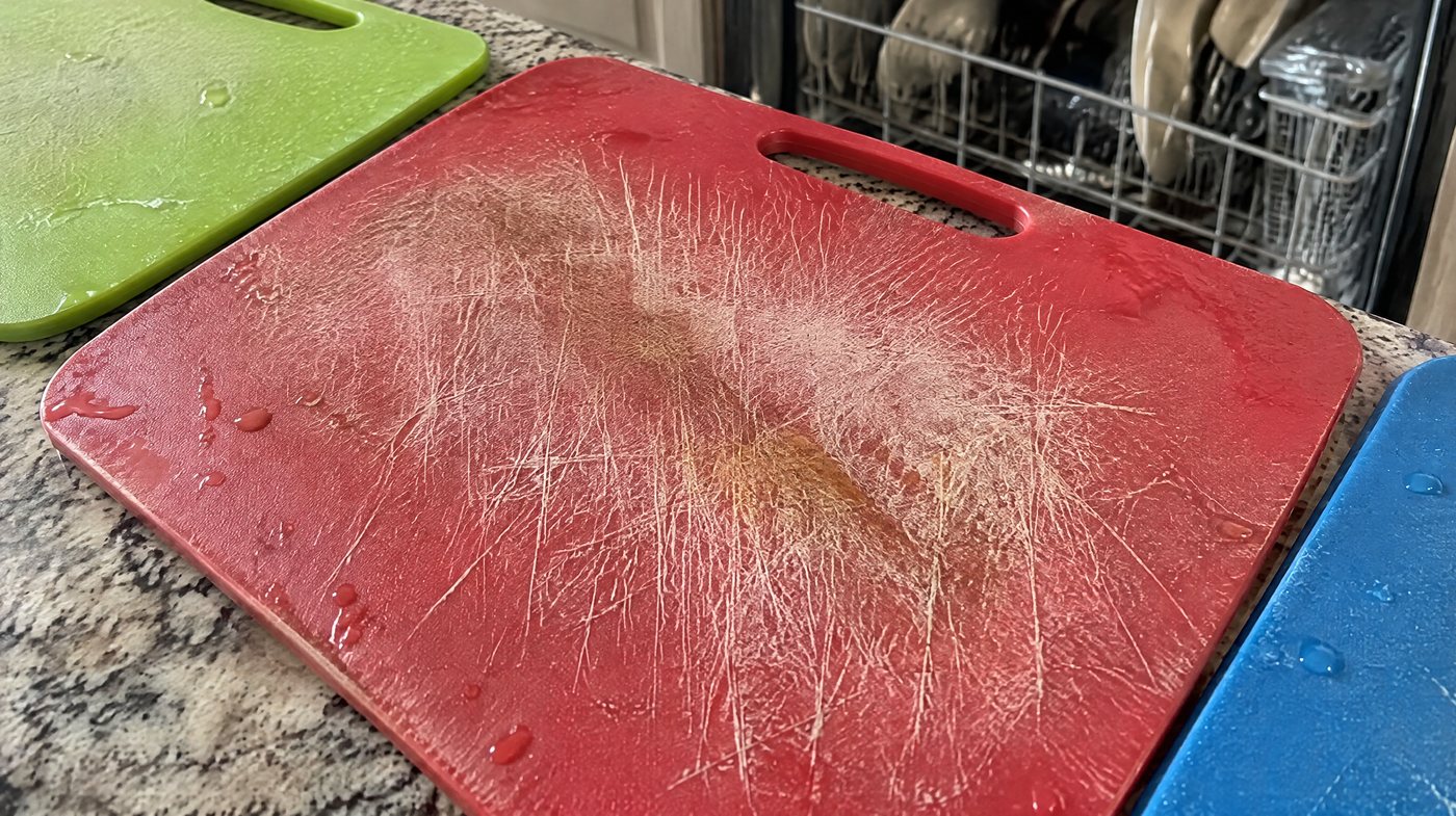 Zerkratztes rotes Plastikbrett frisch aus dem Geschirrspüler